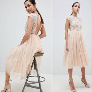 NEW Asos Embellished Open Back Tulle Ballerina Midi Dress US 8 Nude Pink 1242729